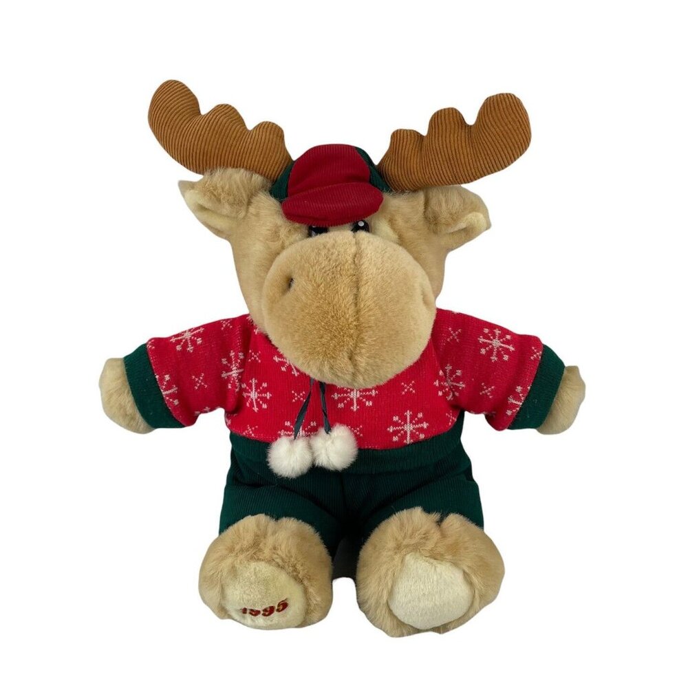 Dandee‎ 1995 Tan Reindeer 22" Plush Red Green Christmas Sweater Corduroy Hat